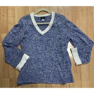 Lark Lane Women’s  Blue and White XL Pullover V Neck Sweater With Gold  Beads